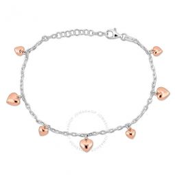 Heart Charm Station Bracelet in White and Pink Plated Sterling Silver