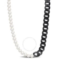 Mens 7-7.5mm Cultured Freshwater Pearl and Curb-link Chain Necklace in Black Rhodium Plated Sterling Silver