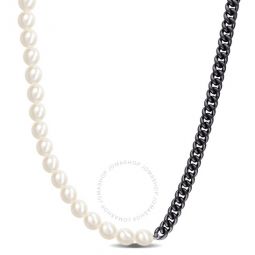 Mens 7-7.5mm Cultured Freshwater Rice Pearl and Curb-link Chain Necklace In Black Plated Sterling Silver