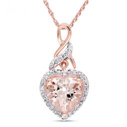 Halo Diamond and Heart Shaped Morganite Pendant with Chain In 10K Rose Gold