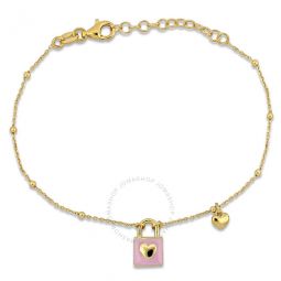 Lock and Heart Pink Enamel Diamond Cut Cable and Ball Bead Chain Bracelet in Yellow Plated Sterling Silver