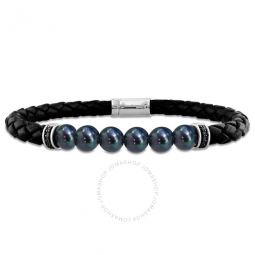 7.5-8mm Mens Black Cultured Freshwater Pearl Braided Black Leather Bracelet with Diamond Accents - 9 In.