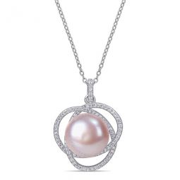 12 - 12.5 Mm Pink Cultured Freshwater Pearl and 1 CT TGW Cubic Zirconia Interlaced Halo Necklace In Sterling Silver