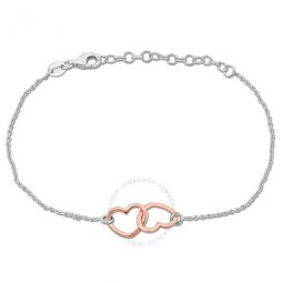 Double Heart Charm Chain Bracelet in Two-Tone White and Rose Plated Sterling Silver