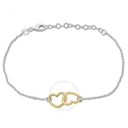 Double Heart Charm Chain Bracelet in Two-Tone White and Yellow Plated Sterling Silver