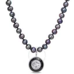7-7.5mm Black Cultured Freshwater Pearl and 8 CT TGW Black Agate Mens Necklace with Large Lobster Clasp in Sterling Silver