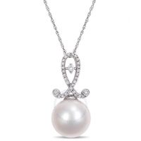 11-12mm Cultured Freshwater Pearl and 1/5 CT TW Diamond Twist Pendant with Chain In 10K White Gold