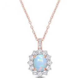 2 1/6 CT TGW Oval Shape Blue Ethiopian Opal and White Topaz and Diamond Accent Halo Pendant with Chain In Rose Plated Sterling Silver
