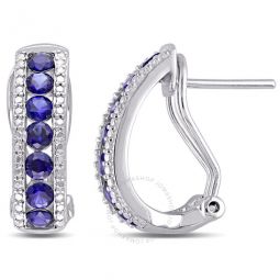 Channel Set Created Blue Sapphire Earrings In Sterling Silver