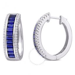 5 1/8 CT TGW Baguette Created Blue Sapphire Created White Sapphire Hoop Earrings In Sterling Silver