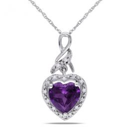 Halo Heart Shaped Simulated Alexandrite Pendant and Chain with Diamonds In 10K White Gold