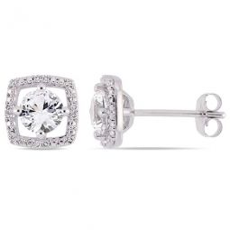 1 1/3 CT TGW Created White Sapphire and Diamond Stud Earrings In 10K White Gold