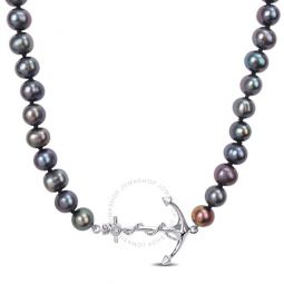 7-7.5mm Black Cultured Freshwater Pearl Mens Necklace with Sterling Silver Anchor Charm and Lobster Clasp