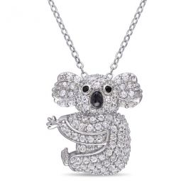 1 1/10 CT TGW Created White Sapphire Black Spinel Koala Necklace In Sterling Silver
