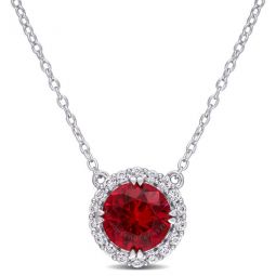 2 3/4 CT TGW Created Ruby Created White Sapphire Circular Halo Pendant with Chain In Sterling Silver