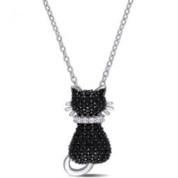 Black Spinel and Created White Sapphire Kitty Cat Pendant with Chain In Sterling Silver with Black Rhodium