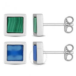 Mens 2-Piece Set 2ct TGW Blue Agate and Malachite Square Stud Earrings in Sterling Silver