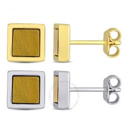 Mens 2-Piece Set 2ct TGW Tigers Eye Square Stud Earrings in Yellow and Sterling Silver