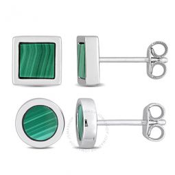 Mens 2-Piece Set 1 5/8ct TGW Malachite Square and Round Stud Earrings in Sterling Silver