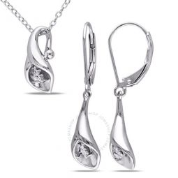 2-pc Set Of Diamond Accent Calla Lily Pendant with Chain and Leverback Earrings In Sterling Silver