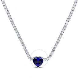 18 CT TGW Heart Shaped Created Sapphire and Created White Sapphire Tennis Necklace In Sterling Silver