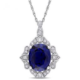 4 1/6 CT TGW Created Blue Sapphire and 1/6 CT TW Diamond Vintage Halo Pendant with Chain In 10K White Gold