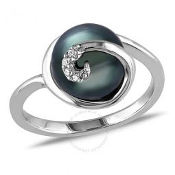 9 - 9.5 Mm Black Tahitian Pearl Swirl Ring In Sterling Silver