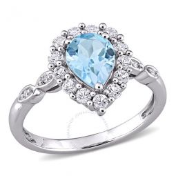 2 CT TGW Sky-blue Topaz and Diamond-accent Teardrop Halo Ring In 10K White Gold
