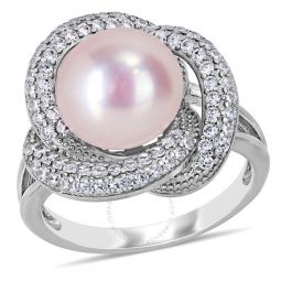 10.5 -11 Mm Pink Cultured Freshwater Pearl and 3/4 CT TGW Cubic Zirconia Interlaced Halo Ring In Sterling Silver