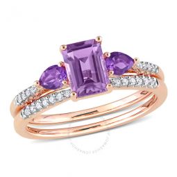 1 1/5 CT TGW Rose De France African Amethyst and 1/10 CT TDW Diamond Bridal Ring Set In 10K Rose Gold