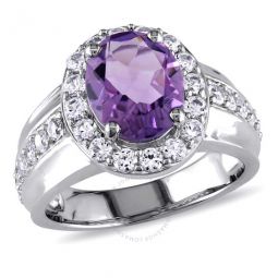 3 3/8 CT TGW Oval Cut Amethyst and Created White Sapphire Halo Ring In Sterling Silver