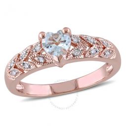Diamond and Aquamarine Heart Vintage Ring In Pink Plated Sterling Silver