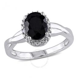 Oval Cut Black Sapphire and Diamond Crossover Ring In Sterling Silver