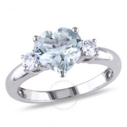 Aquamarine and Created White Sapphire Heart Ring In Sterling Silver