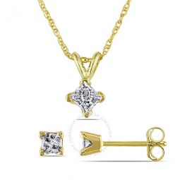 5/8 CT TW Princess Cut Diamond Solitaire Pendant with Chain and Stud Earrings 2-piece Set In 14K Yellow Gold