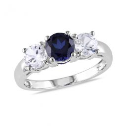 Created White and Created Blue Sapphire 3-sTone Engagement Ring In 10K White Gold