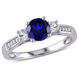 Created Blue and Created White Sapphire and Diamond 3-sTone Engagement Ring In 10K White Gold