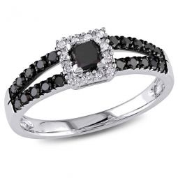 1/2 CT TW Black and White Princess Cut Halo Diamond Engagement Ring In 10K White Gold