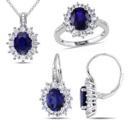 3-pc Set Of 1/10 CT TW Diamond and 16 1/8 CT TGW Created Blue and Created White Sapphire Halo Pendant with Chain, Leverback Earrings and Ring Se