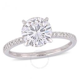 2 CT DEW Created Moissanite and 1/10 CT TW Diamond Engagement Ring In 14K White Gold