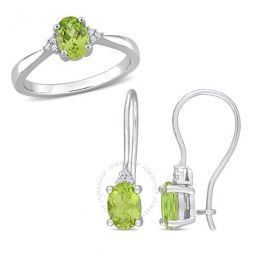 2 1/2 CT TGW Oval Peridot and Diamond Accent Ring and Euro Back Earrings Set in Sterling Silver