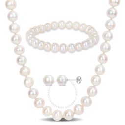 7.5-8mm Freshwater Cultured Pearl 3-piece Set Of Necklace Earrings & Bracelet In Sterling Silver
