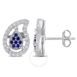5/8 CT TGW Created Blue Sapphire and White Topaz Teardrop Earrings In Sterling Silver