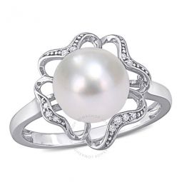 9-9.5mm Freshwater Cultured Pearl and Diamond-accent Floral Cocktail Ring In Sterling Silver