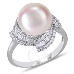 10.5 0 11 Mm Cultured Freshwater Pearl and 1 1/10 Cubic Zirconia Geometric Ring In Sterling Silver