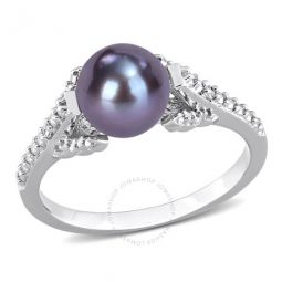 7-7.5mm Black Freshwater Cultured Pearl and Diamond Accent Split Shank Ring In Sterling Silver