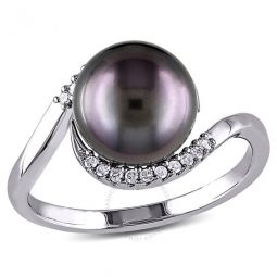 1/10 CT TW Diamond and 9 - 9.5 Mm Black Tahitian Pearl Curlicue Ring In Sterling Silver