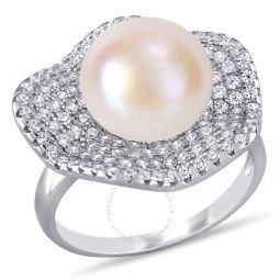 11 - 11.5 Mm Cultured Freshwater Pearl and 1 3/8 CT TGW Cubic Zirconia Wavy Clustered Halo Ring In Sterling Silver
