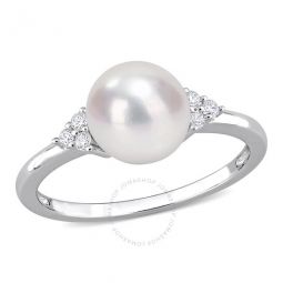 7.5-8mm Freshwater Cultured Pearl and 1/10 CT TGW White Cubic Zirconia Ring In Sterling Silver