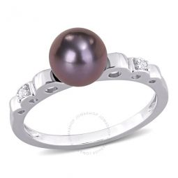 7-7.5mm Black Freshwater Cultured Pearl and White Topaz Ribbed Design Ring In Sterling Silver